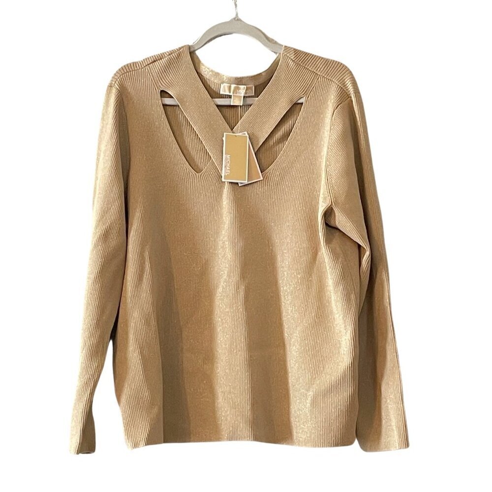 NWT MICHAEL Michael Kors Metallic Criss Cross Neckline Long Sleeve Top Sz. 3X